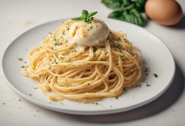 Spaghetti Carbonara mit Ei und Basilikum auf einem weißen Teller