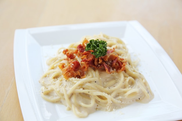 Spaghetti Carbonara mit Speck und Käse