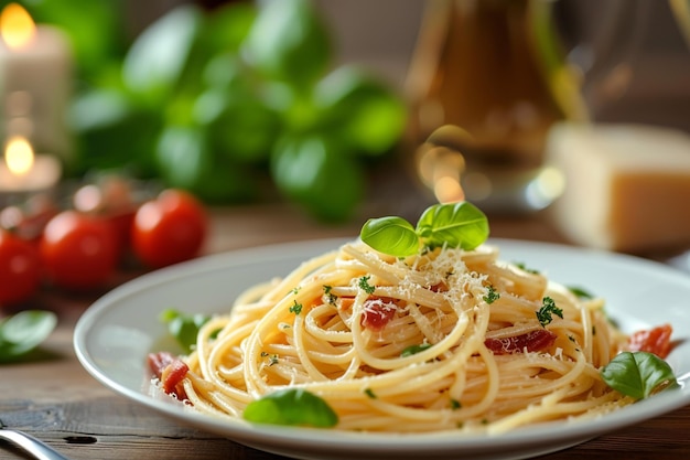 Spaghetti Carbonara mit Speck und Parmesankäse auf einem Teller