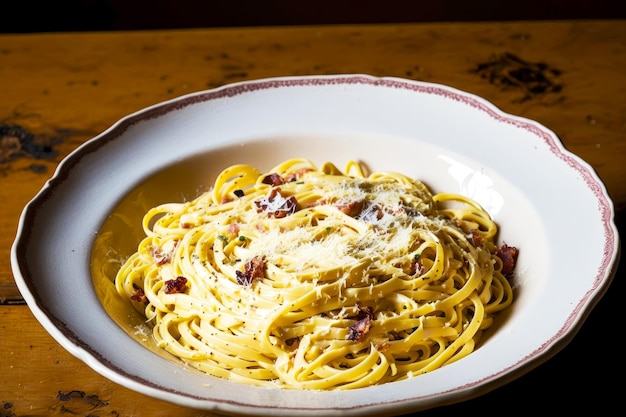 Spaghetti carbonara en un plato blanco con una raya roja en el fondo de una mesa de madera