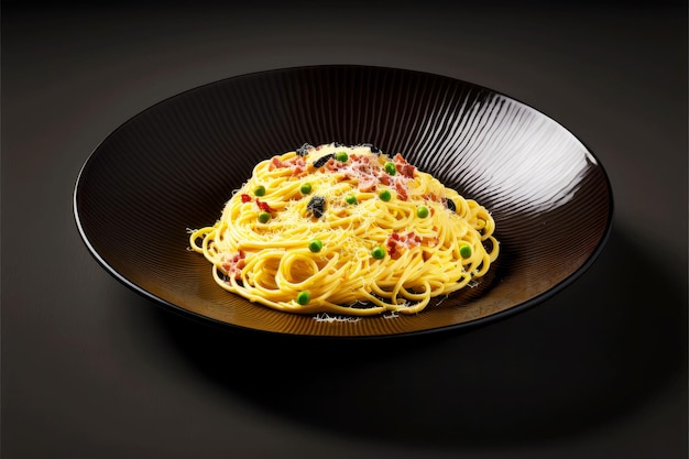 Spaghetti carbonara en plato marrón poco profundo y fondo negro