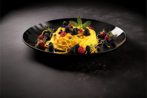 Spaghetti carbonara en plato negro poco profundo y fondo oscuro con bayas