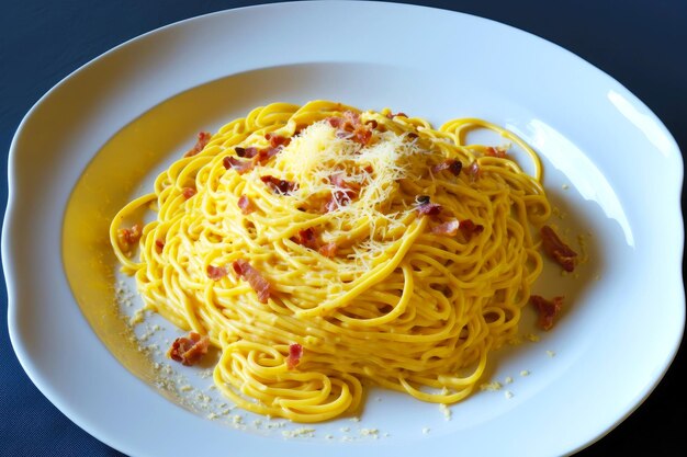 Spaghetti carbonara en plato ovalado blanco sobre fondo azul