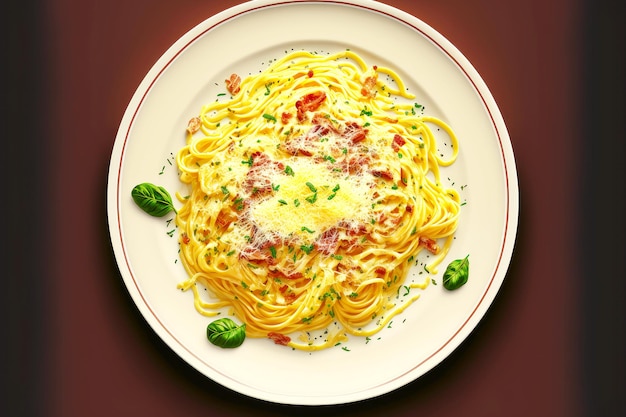 Foto spaghetti carbonara en un plato poco profundo de color beige claro con una raya marrón rojiza