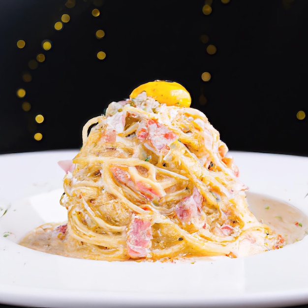 Spaghetti Carbonara Produktaufnahme, Premium-Foto mit schwarzem Bokeh-Hintergrund