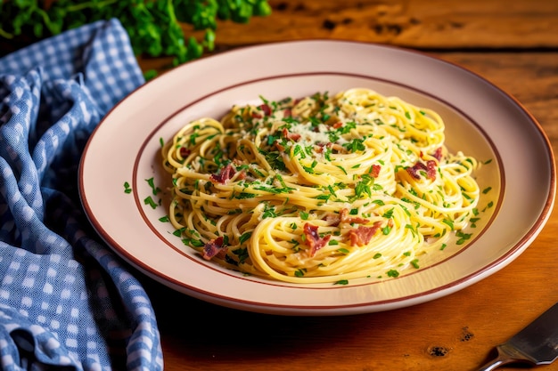 Spaghetti carbonara en tazón rosa con raya roja