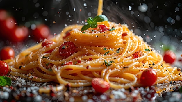 Spaghetti, das sich aus einer Pfanne dreht, erzeugt ein wunderbares und dynamisches Bild, das die Freude des Lebens feiert.