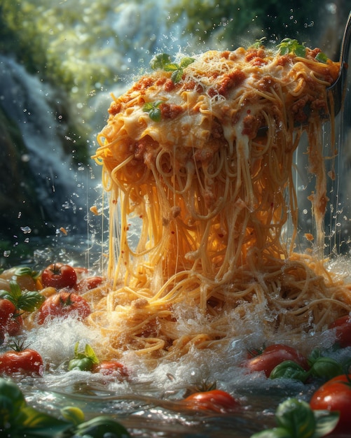 Spaghetti, die in einen Wasserfall geworfen werden