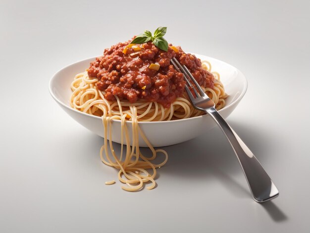 Foto spaghetti mit bolognese-sauce hängt an einer gabel lebensmittelfotografie