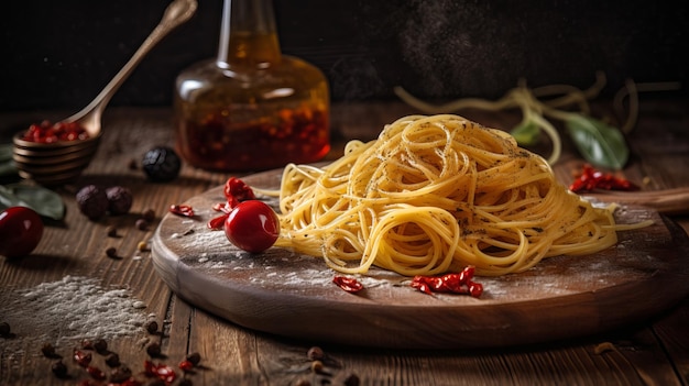 Spaghetti mit Chili und Olivenöl auf Holzhintergrund