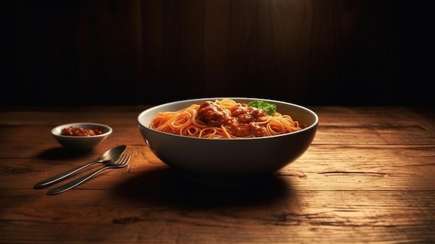 Spaghetti mit Fleischbällchen in einer weißen Schüssel auf einem hölzernen Tisch