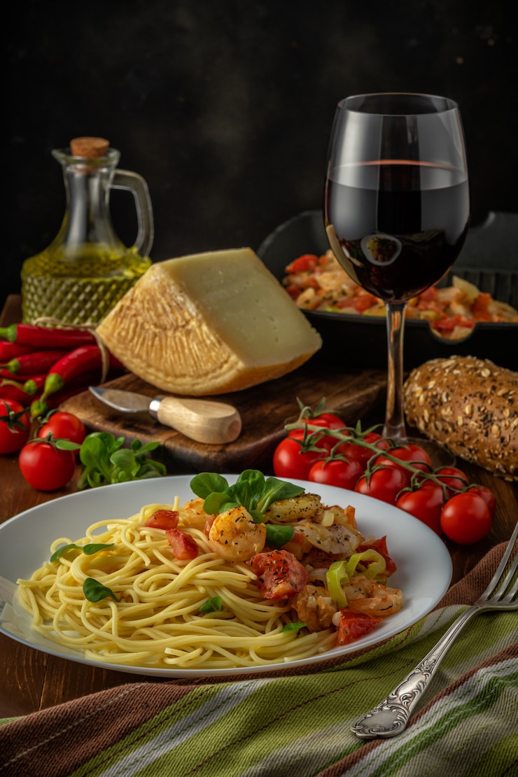 Foto spaghetti mit garnelen, kirschtomaten und gewürzen auf hölzernem hintergrund. lebensmittelhintergrund.