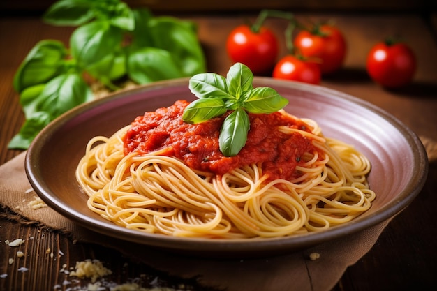 Spaghetti mit Tomatensauce auf dem Teller Generative KI