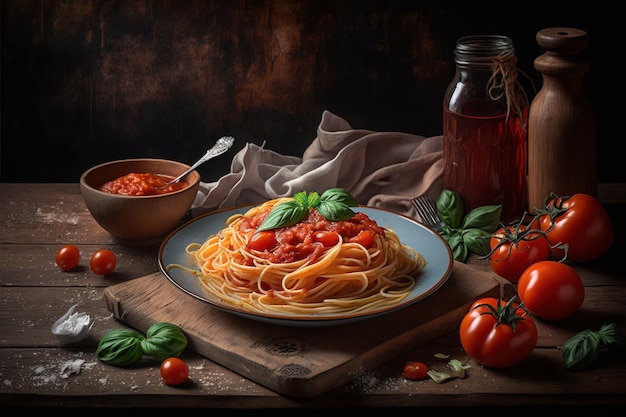 Spaghetti mit Tomatensauce, frischem Basilikum und geriebenem Parmesan auf rustikalem Holztisch