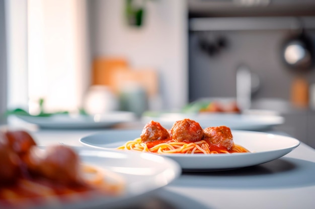 Spaghetti-Nudeln mit Fleischbällchen in hausgemachter Tomatensauce auf Holztisch AI generiert