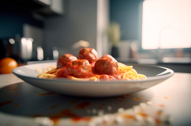 Spaghetti-Nudeln mit Fleischbällchen in hausgemachter Tomatensauce auf Holztisch AI generiert