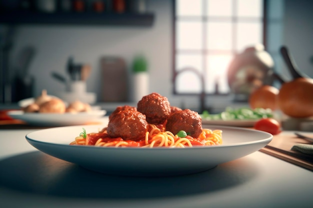 Spaghetti-Nudeln mit Fleischbällchen in hausgemachter Tomatensauce auf Holztisch AI generiert