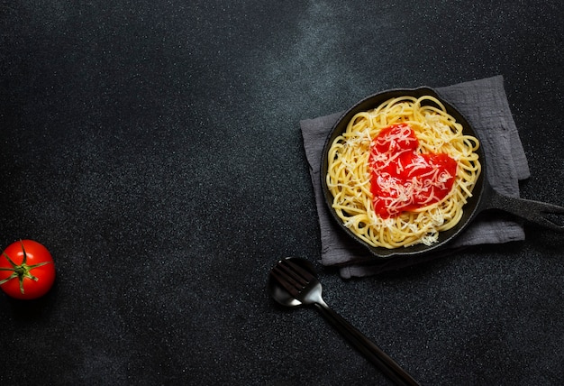 Foto spaghetti-nudeln mit herzförmiger tomatensauce