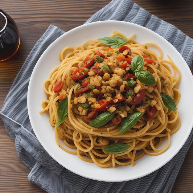 Spaghetti, Oliven, Chilischoten und Weißwein