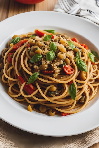 Spaghetti, Oliven, Chilischoten und Weißwein