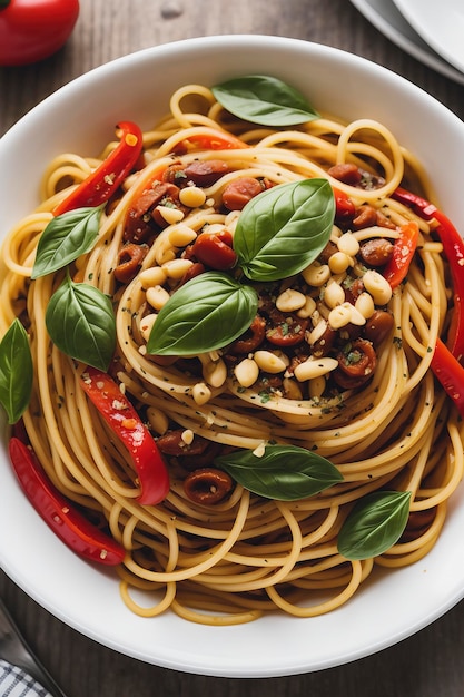 Spaghetti, Oliven, Chilischoten und Weißwein