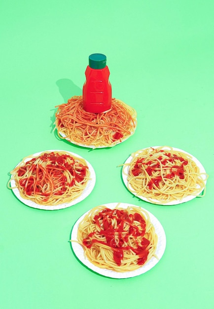 Spaghetti Pasta mit Ketchup auf grünem Hintergrund Minimalistisches italienisches Essenskunstkonzept