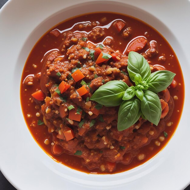 Spaghetti-Sauce mit Pasta, Basilikum, Knoblauchblättern und frischen Tomaten mit extrem geringer Schärfe