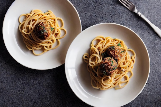Spaghetti und Fleischbällchen werden für ein herzhaftes Abendessen auf dem Teller angerichtet