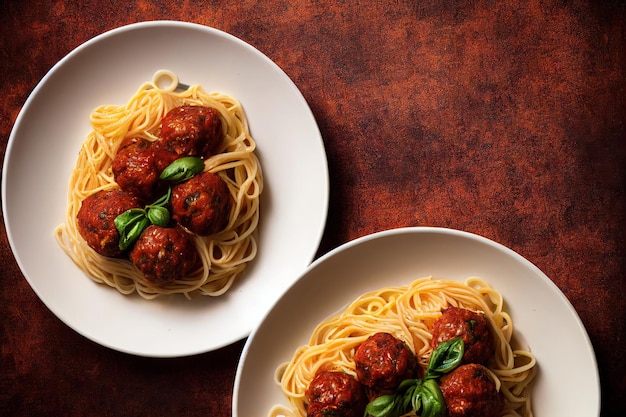 Spaghetti und Fleischbällchen werden für ein herzhaftes Abendessen auf dem Teller angerichtet