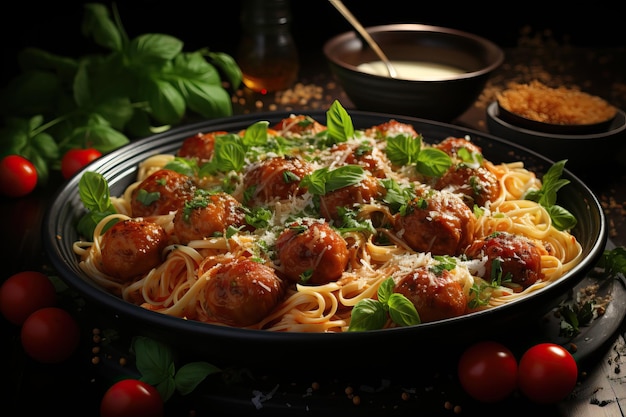 Spaghettinudeln mit Fleischbällchen und Tomatensauce auf Holztisch Generative KI