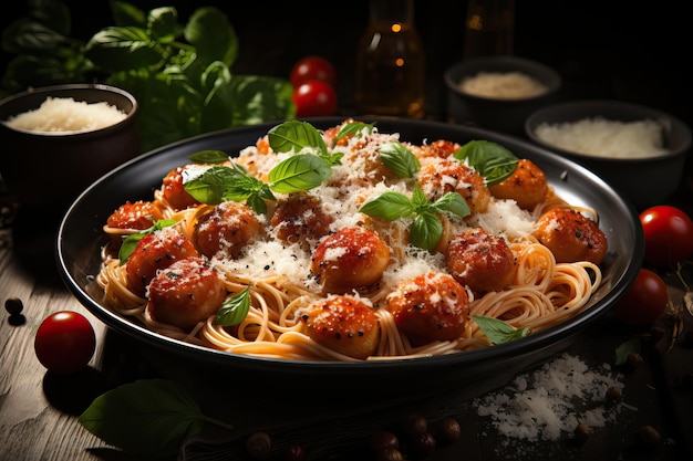 Spaghettinudeln mit Fleischbällchen und Tomatensauce auf Holztisch Generative KI