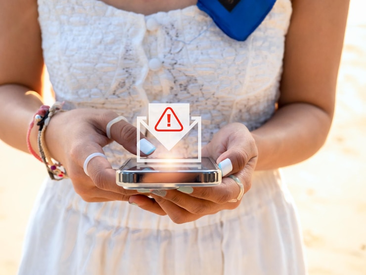 Foto spam de sms e conceito de phishing de mensagem de texto falsa sistema de alerta de alerta hackeado e-mail hack scam malware espalhando vírus em alerta de mensagem virtual na tela do celular inteligente nas mãos da mulher
