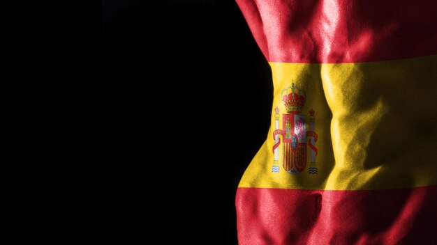 Spanien-Flagge auf Bauchmuskeln Nationalsporttraining, Bodybuilding-Konzept, schwarzer Hintergrund