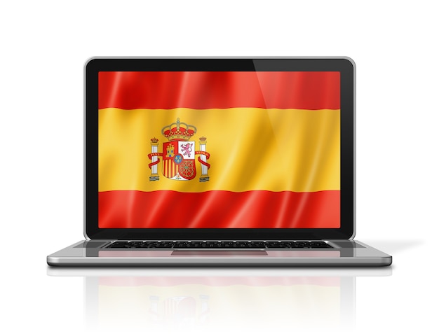 Spanien-Flagge auf Laptop-Bildschirm isoliert auf weiss. 3D-Darstellung rendern.