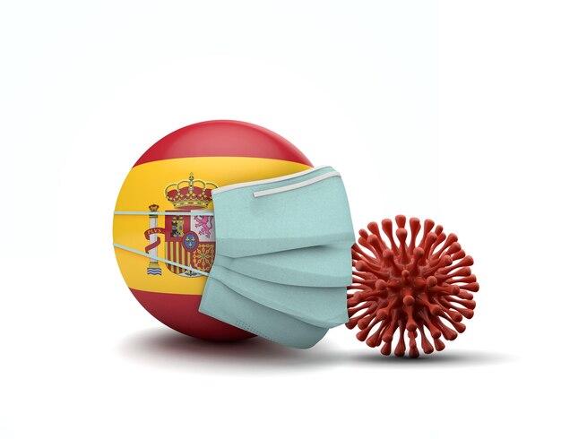 Spanien-Flagge mit schützender Gesichtsmaske neuartiges Coronavirus-Konzept d-Rendering