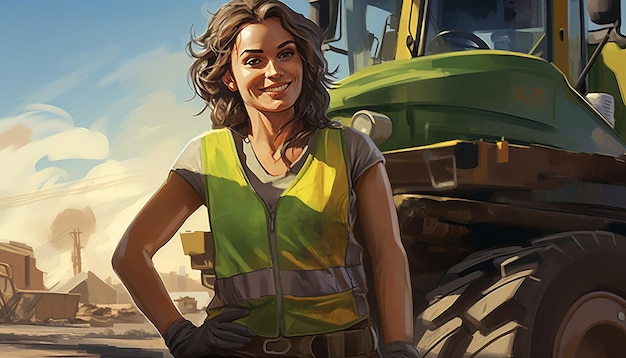 Spanien-Frau, die Straßenbauarbeiten durchführt, lächelt Straßenbau-Baufahrzeuge