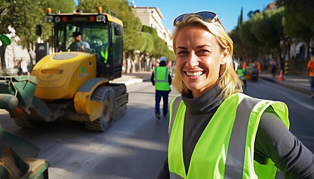 Foto spanien frau macht straßenarbeiten bauunternehmer lächelnd straßenbau baufahrzeuge