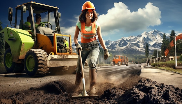 Spanien Frau macht Straßenarbeiten Bauunternehmer lächelnd Straßenbau Baufahrzeuge