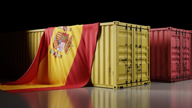 Spanien Nationalflagge und Containerbox 3D-Rendering