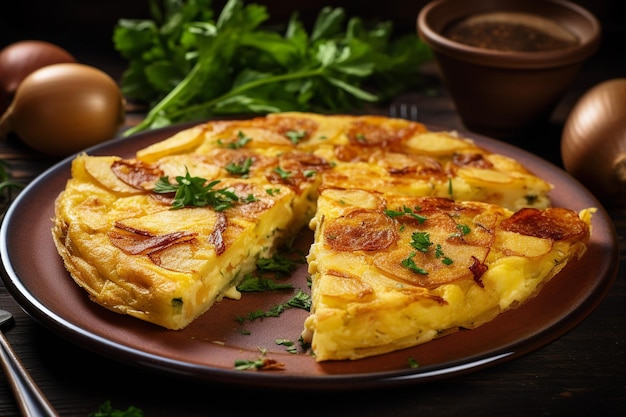 Spanische Tortilla auf dem Teller mit hohem Winkel