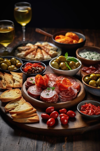 Foto spanischer tapas-teller mit fleisch, oliven, brot und wein