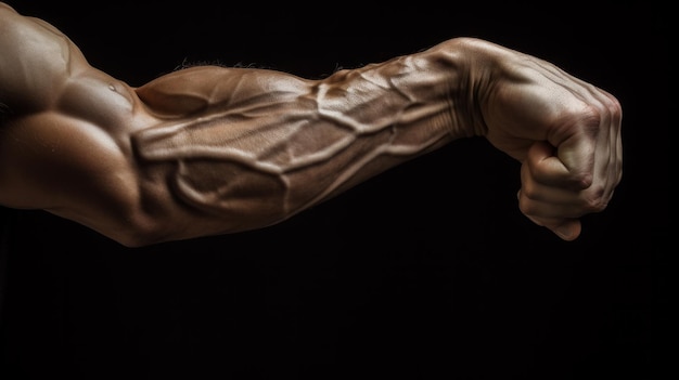 Spannter Arm in die Fäuste gefestigt, Adern, Bodybuilder-Muskeln auf einem dunklen Hintergrund, neuronales Netzwerk.