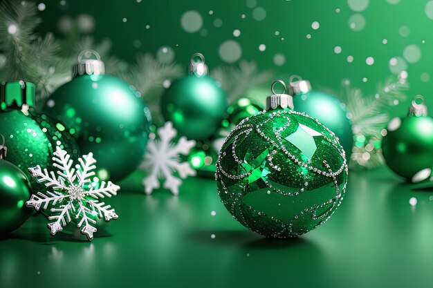 Sparkle Holiday Dekorationen auf grünem Hintergrund mit Schneeflocken Tapete