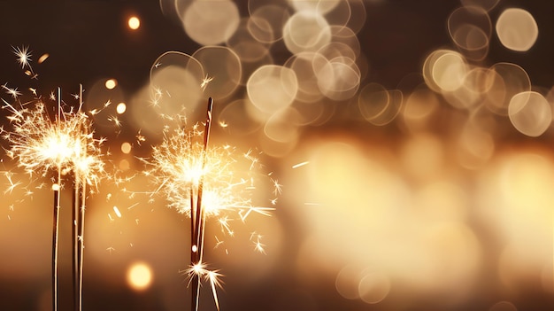 Foto sparkler ardiendo brillante con chispas brillantes fuegos artificiales en el fondo bokeh de luz dorada para el año nuevo