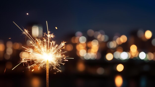 Sparkler con la ciudad de la noche borrosa