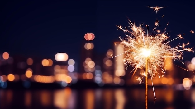 Sparkler con la ciudad de la noche borrosa