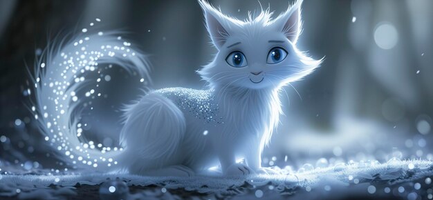 Sparkling BlueEyed Charm Personaje de dibujos animados de un gato blanco con un abrigo plateado