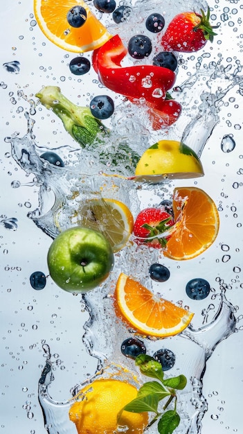 Foto a sparkling display of fruits with an apple lemon and strawberries making a splash in crystalclear water