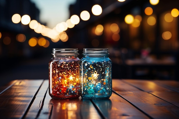 Sparkling Spectacle Glass Jar gefüllt mit Feuerwerk auf einer Holzoberfläche Generative KI