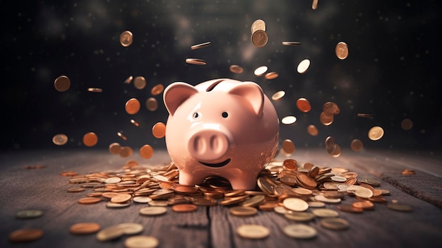 Sparschwein auf Stapel Münzen Geldkonzept Generative KI